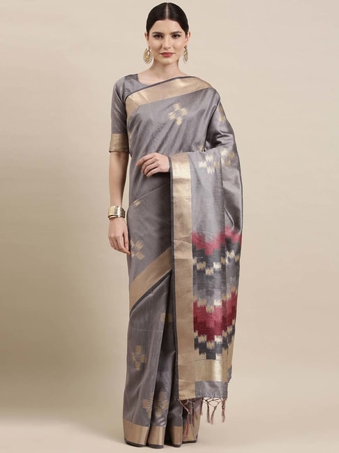 Saree Mall Grey Cotton Silk Geometric Print Saree With Unstitched Blouse Price in India