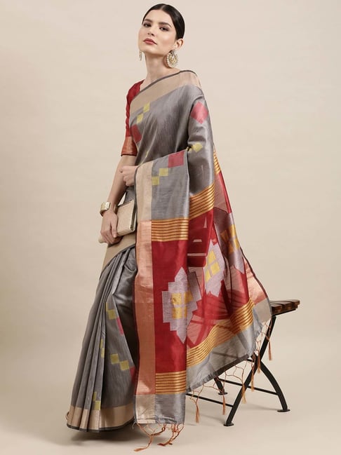 Saree Mall Grey & Red Cotton Silk Geometric Print Saree With Unstitched Blouse Price in India