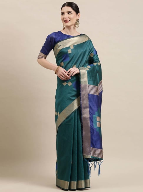 Saree Mall Green & Blue Cotton Silk Geometric Print Saree With Unstitched Blouse Price in India