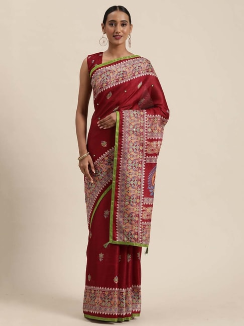 Saree Mall Maroon Cotton Paisley Print Saree With Unstitched Blouse Price in India