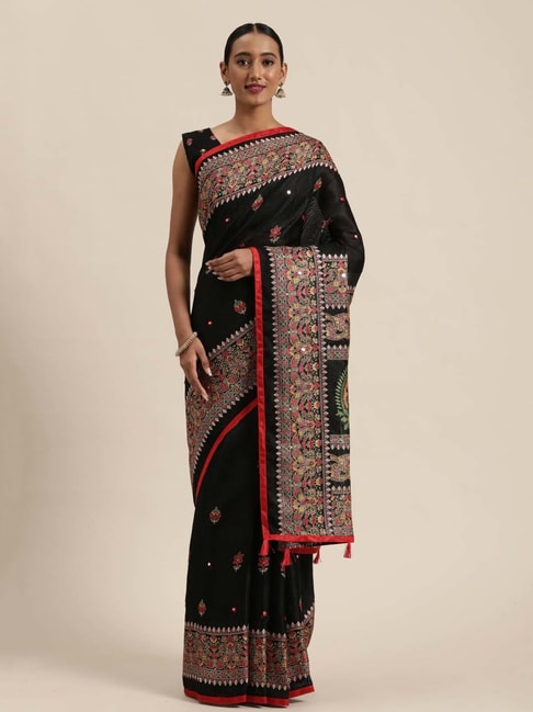 Saree Mall Black Cotton Paisley Print Saree With Unstitched Blouse Price in India