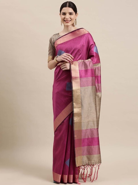 Saree Mall Pink & Grey Cotton Silk Geometric Print Saree With Unstitched Blouse Price in India