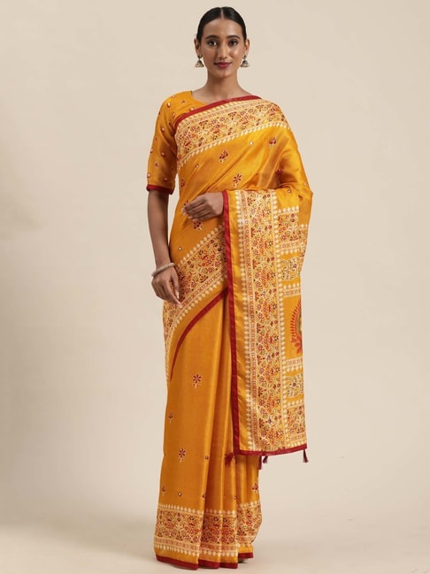 Saree Mall Mustard Cotton Paisley Print Saree With Unstitched Blouse Price in India