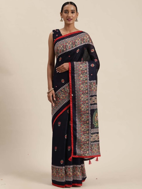 Saree Mall Navy Cotton Paisley Print Saree With Unstitched Blouse Price in India