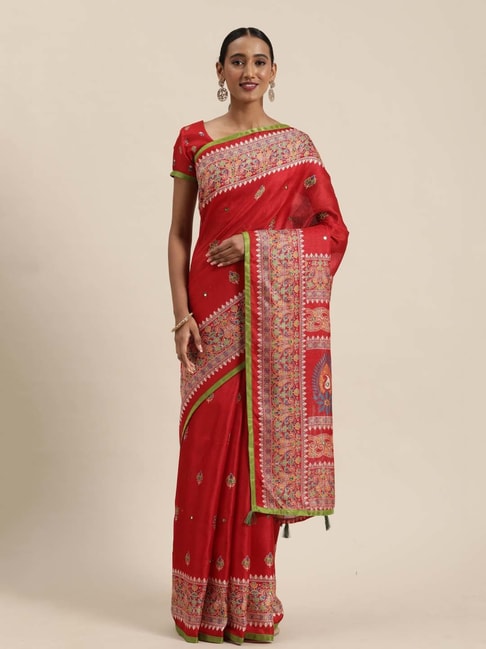 Saree Mall Red Cotton Paisley Print Saree With Unstitched Blouse Price in India