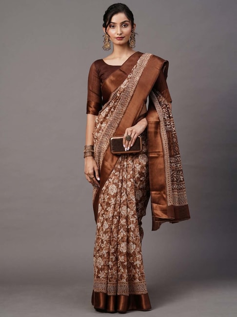 Saree Mall Brown Floral Print Saree With Unstitched Blouse Price in India