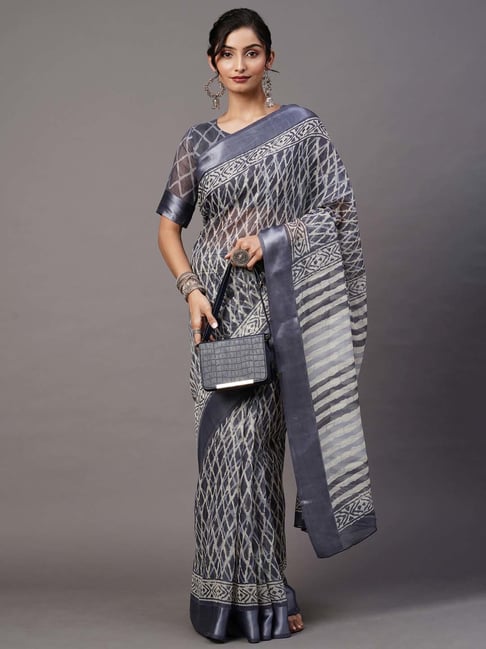 Saree Mall Grey Geometric Print Saree With Unstitched Blouse Price in India