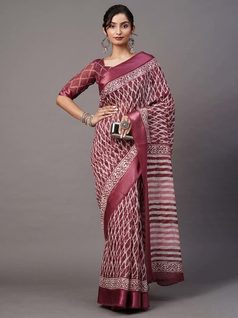 Saree Mall Maroon Geometric Print Saree With Unstitched Blouse Price in India