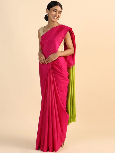 Taneira Pink & Green Silk Woven Saree With Unstitched Blouse Price in India