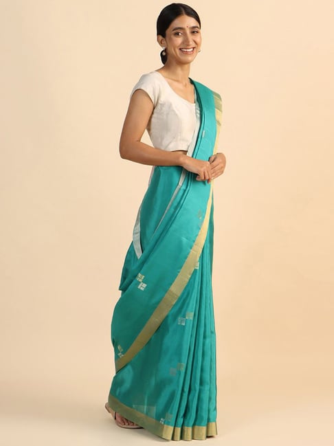 Taneira Blue Silk Woven Saree With Unstitched Blouse Price in India