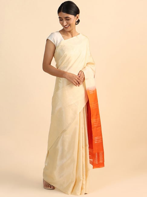 Taneira Beige & Orange Silk Woven Saree With Unstitched Blouse Price in India