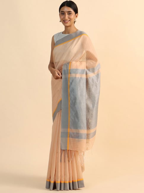 Taneira Beige & Grey Silk Cotton Printed Saree With Unstitched Blouse Price in India