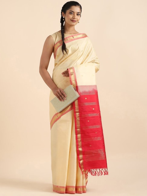 Taneira Beige & Red Silk Woven Saree With Unstitched Blouse Price in India