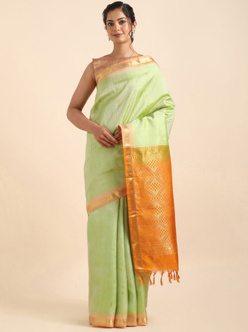 Taneira Green & Orange Silk Woven Saree With Unstitched Blouse Price in India