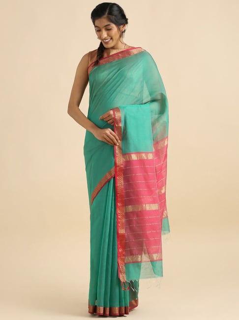 Taneira Green & Pink Silk Cotton Woven Saree With Unstitched Blouse Price in India