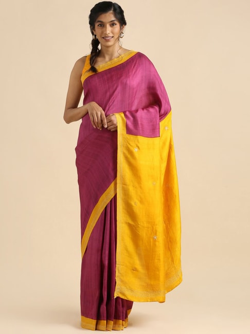 Taneira Purple & Yellow Silk Woven Saree With Unstitched Blouse Price in India