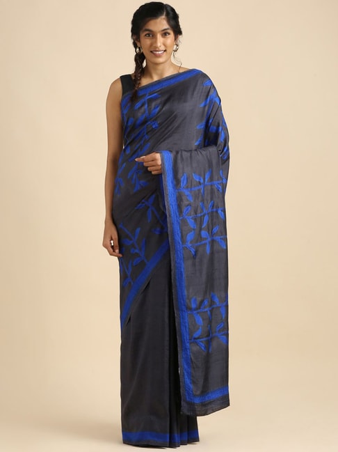 Taneira Black & Blue Silk Woven Saree With Unstitched Blouse Price in India