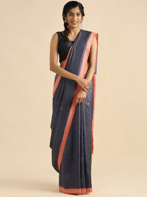 Taneira Grey & Peach Silk Woven Saree With Unstitched Blouse Price in India