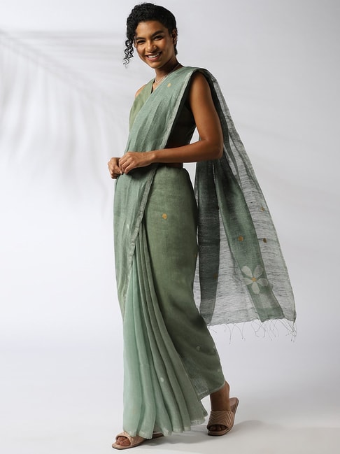 Taneira Green Linen Woven Saree With Unstitched Blouse Price in India