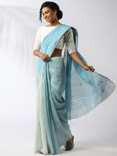 Taneira Blue Linen Woven Saree With Unstitched Blouse Price in India