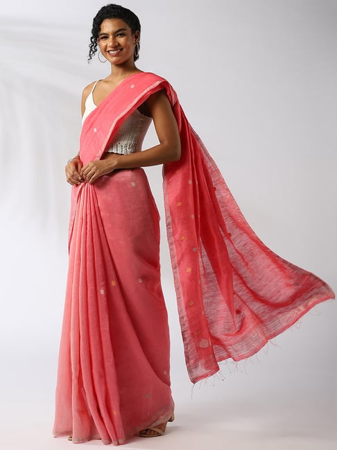 Taneira Pink Linen Woven Saree With Unstitched Blouse Price in India