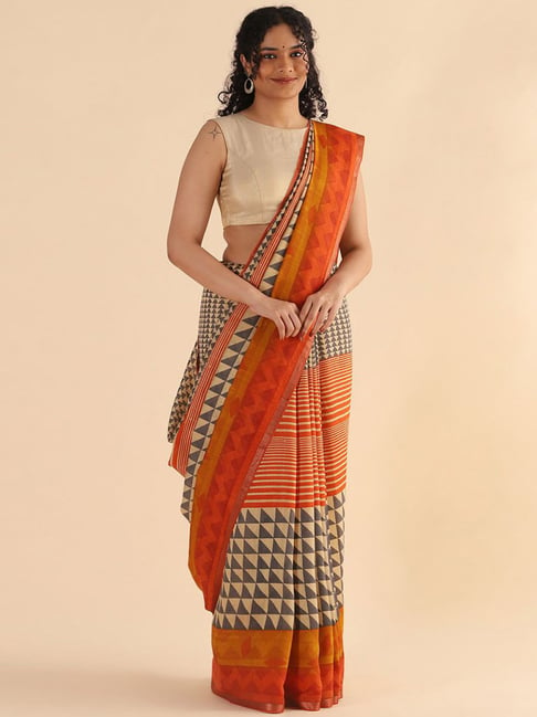 Taneira Beige & Orange Printed Saree With Unstitched Blouse Price in India