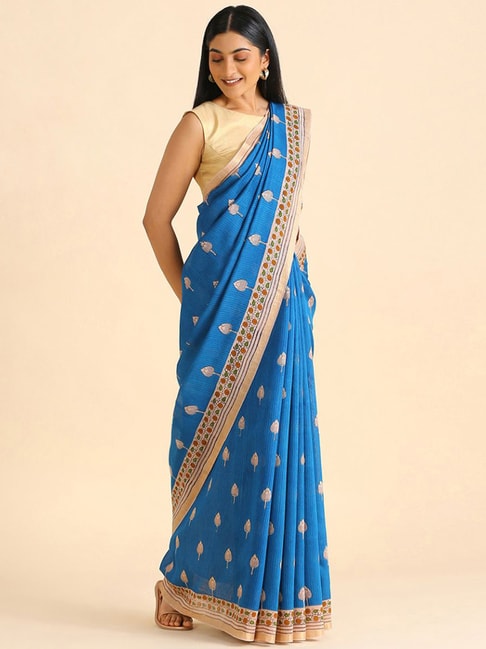 Taneira Blue & Peach Printed Saree With Unstitched Blouse Price in India