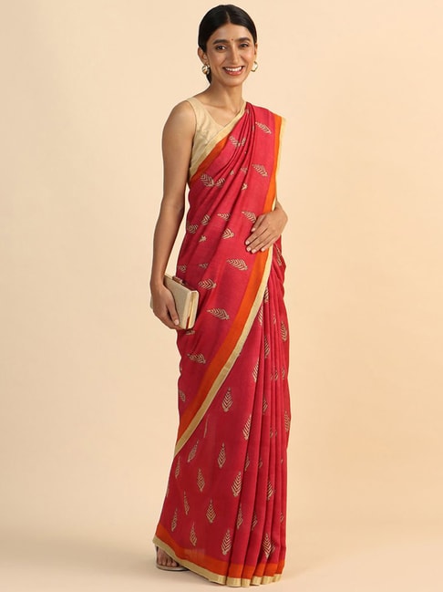 Taneira Pink Printed Saree With Unstitched Blouse Price in India