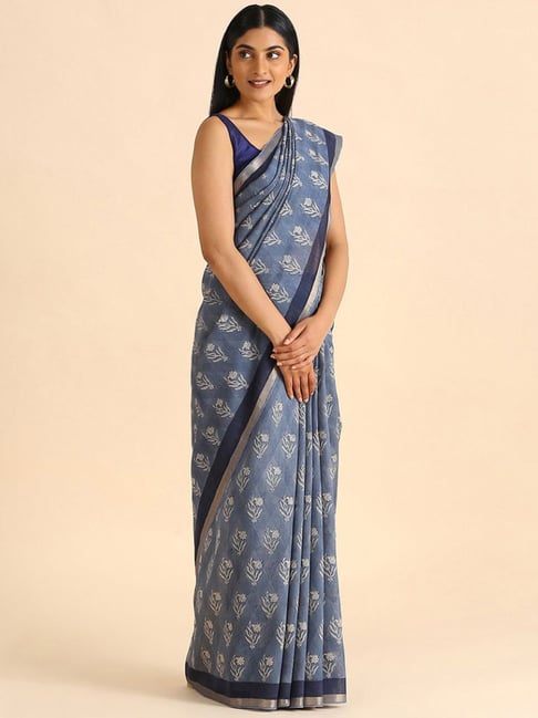 Taneira Blue Printed Saree With Unstitched Blouse Price in India