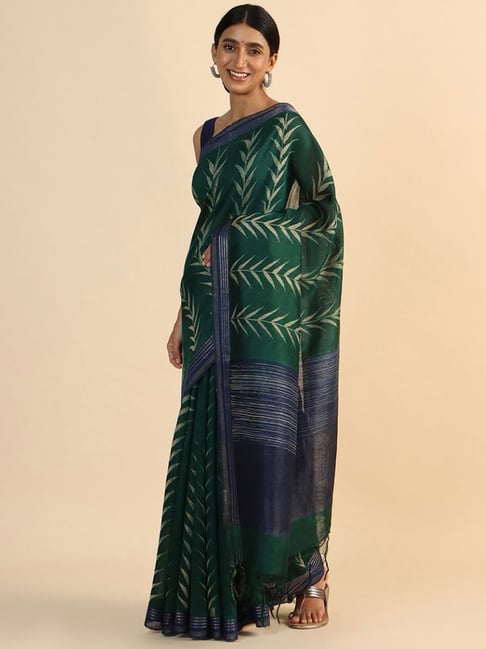 Taneira Green & Blue Printed Saree With Unstitched Blouse Price in India
