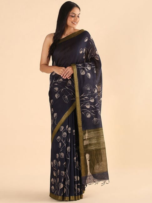 Taneira Blue Printed Saree With Unstitched Blouse Price in India