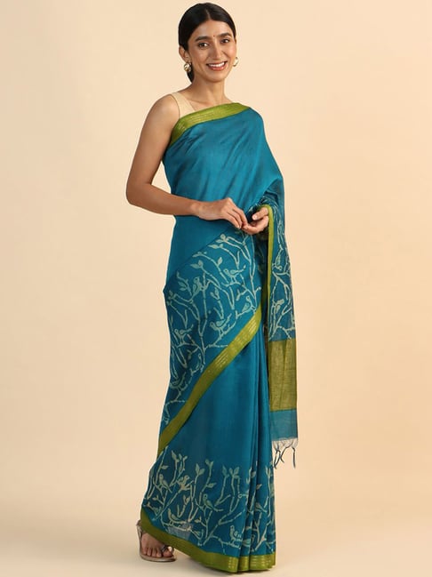 Taneira Blue & Green Printed Saree With Unstitched Blouse Price in India