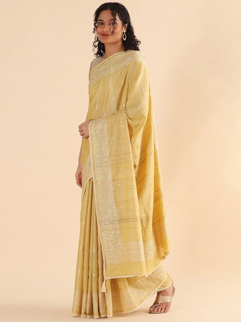 Taneira Yellow Embroidered Saree With Unstitched Blouse Price in India