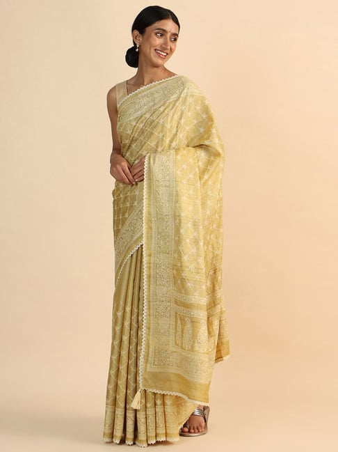 Taneira Yellow Embroidered Saree With Unstitched Blouse Price in India