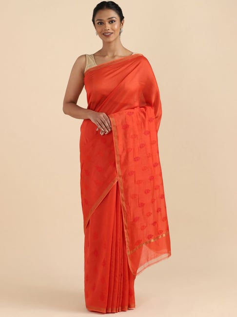 Taneira Orange Linen Embroidered Saree With Unstitched Blouse Price in India