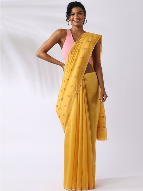 Taneira Yellow Silk Cotton Embroidered Saree With Unstitched Blouse Price in India