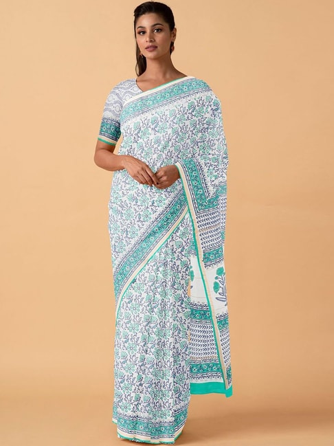 Taneira White & Blue Silk Cotton Printed Saree With Unstitched Blouse Price in India