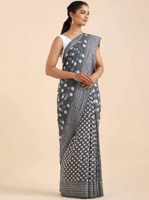 Taneira Grey Cotton Printed Saree With Unstitched Blouse Price in India