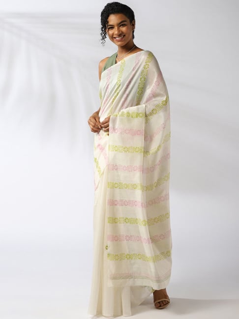 Taneira Off-White & Green Cotton Silk Embroidered Saree With Unstitched Blouse Price in India