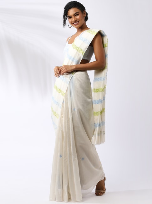 Taneira Off-White & Blue Cotton Silk Embroidered Saree With Unstitched Blouse Price in India