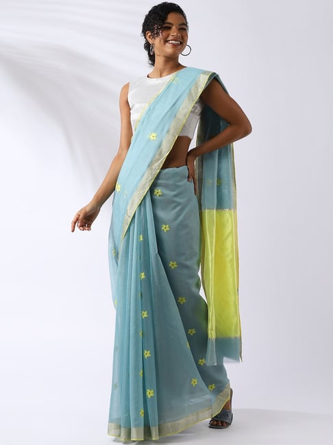 Taneira Blue Cotton Silk Embroidered Saree With Unstitched Blouse Price in India