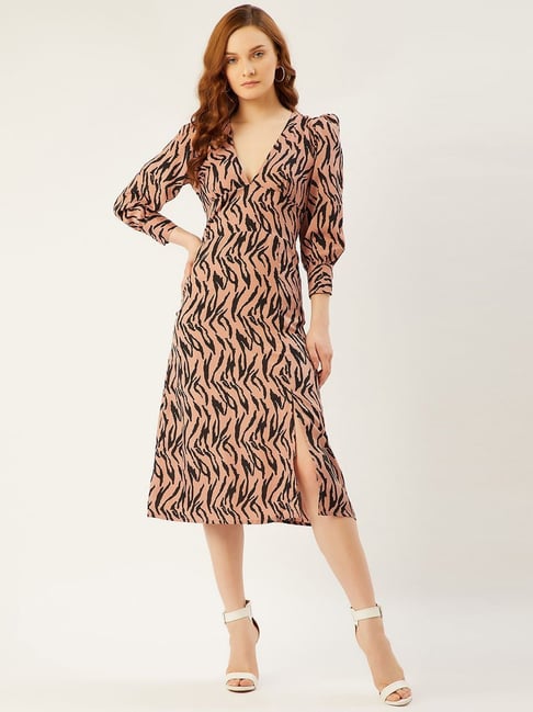 Anvi Be Yourself Peach & Black Animal Printed A-Line Dress Price in India