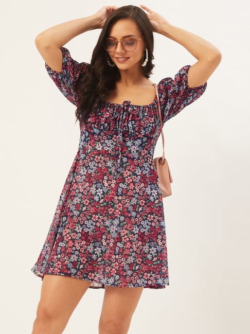 Anvi Be Yourself Blue & Pink Floral Print A-Line Dress Price in India