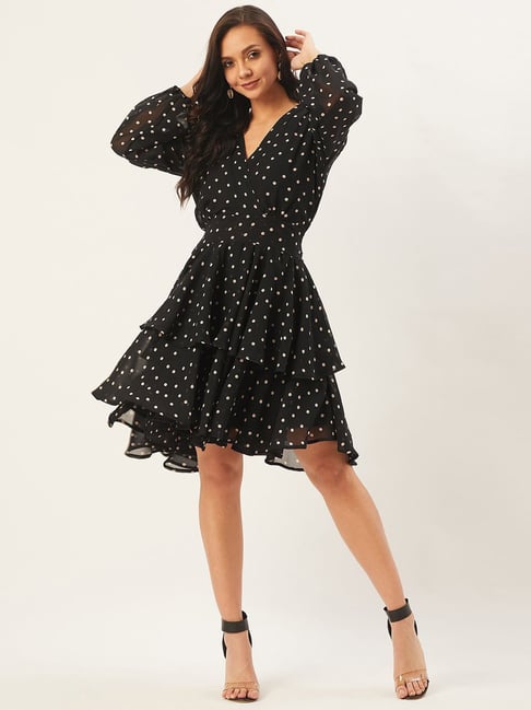 Polka Dot Printed Fit & Flare Tiered Dress With Belt | ASFY-SNGD-658 |  Cilory.com