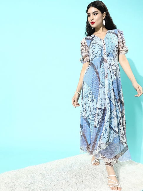 Anvi Be Yourself Blue Floral Print Assymetric Dress Price in India