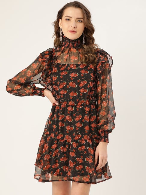 Anvi Be Yourself Black & Red Floral Print A-Line Dress Price in India