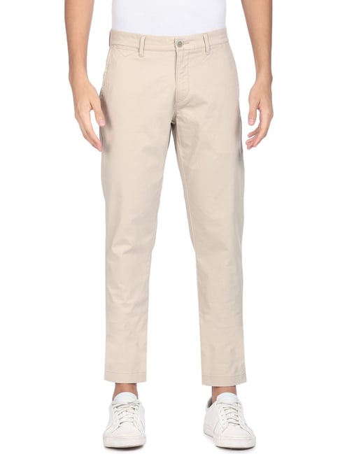 U S Polo Assn U.S. Polo Assn. Beige Cotton Regular Fit Self Pattern Trousers