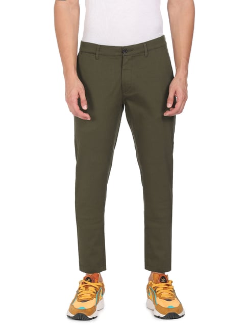 U S Polo Assn U.S. Polo Assn. Green Cotton Regular Fit Self Pattern Chinos