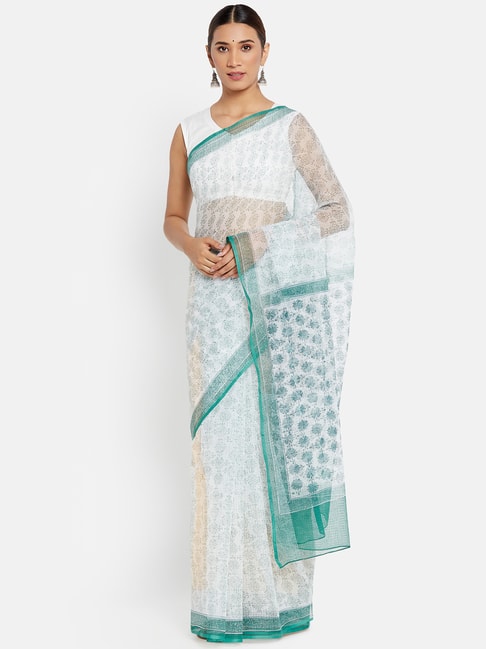 Fabindia Green & White Cotton Silk Floral Print Saree Price in India