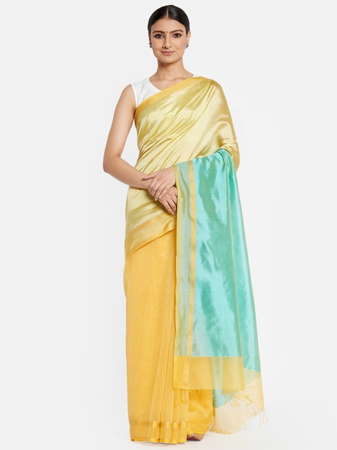 Fabindia Yellow & Green Cotton Silk Woven Pattern Saree Price in India